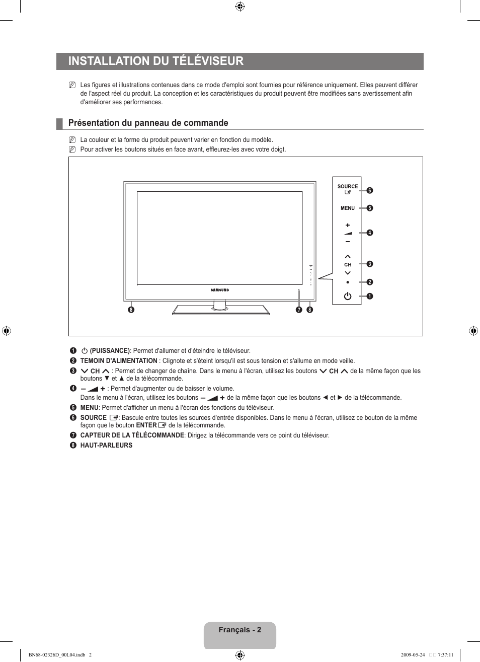 Installation du téléviseur, Présentation du panneau de commande | Samsung LE46B620R3P User Manual | Page 110 / 204