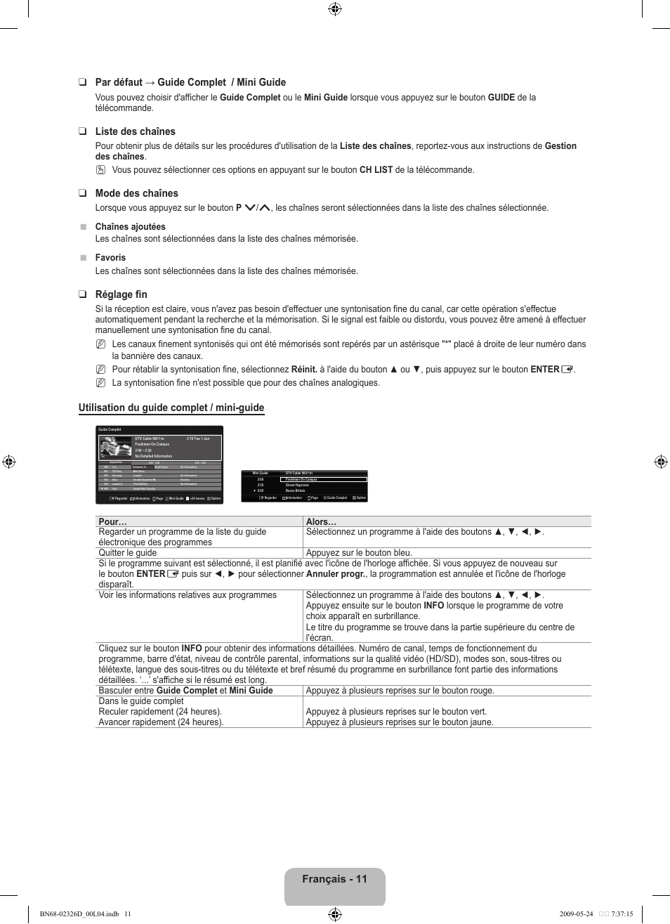 Liste des chaînes, Mode des chaînes, Réglage fin | Utilisation du guide complet / mini-guide | Samsung LE46B620R3P User Manual | Page 119 / 204