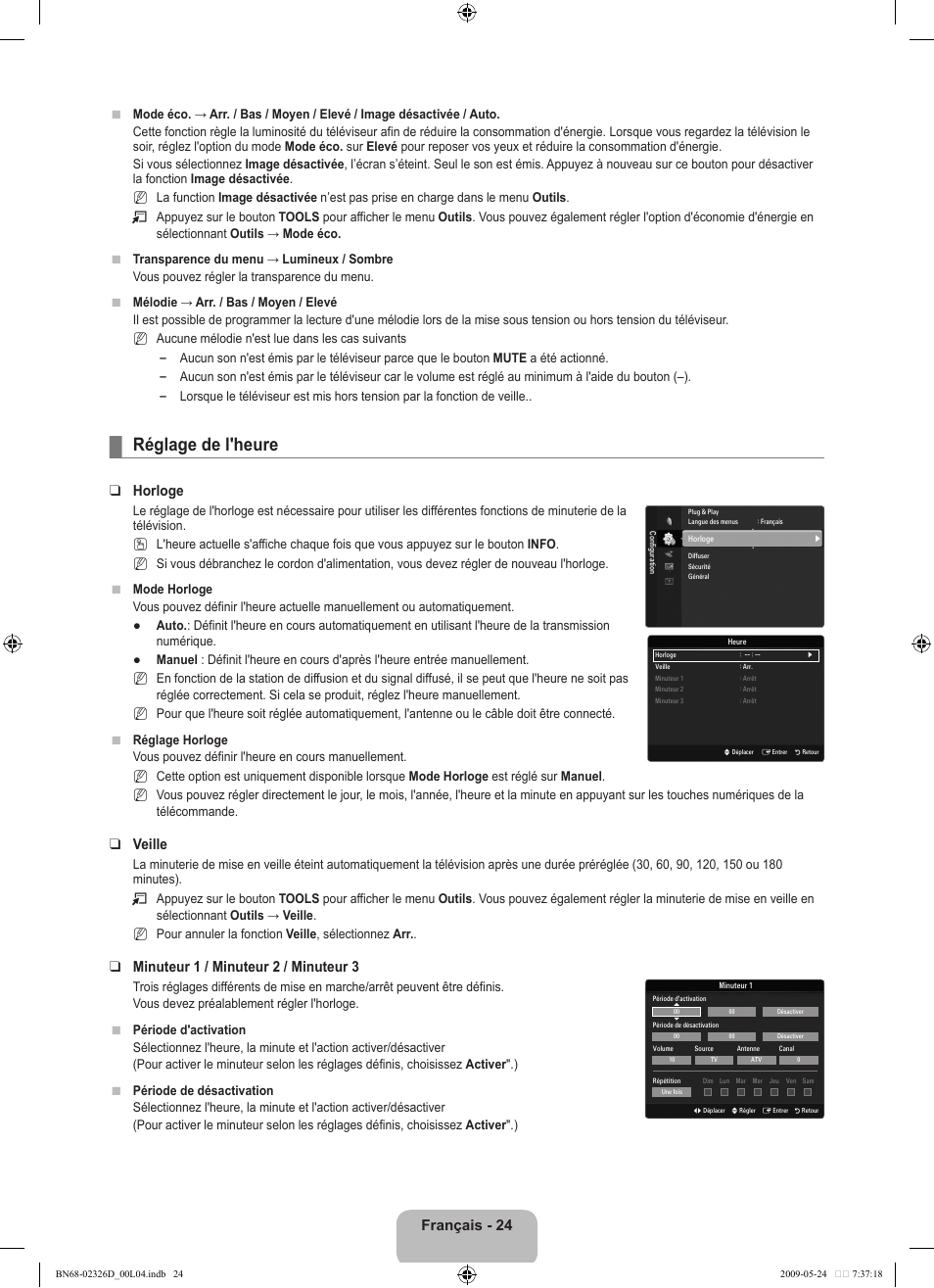 Réglage de l'heure, Français - 24, Horloge | Veille, Minuteur 1 / minuteur 2 / minuteur 3 | Samsung LE46B620R3P User Manual | Page 132 / 204