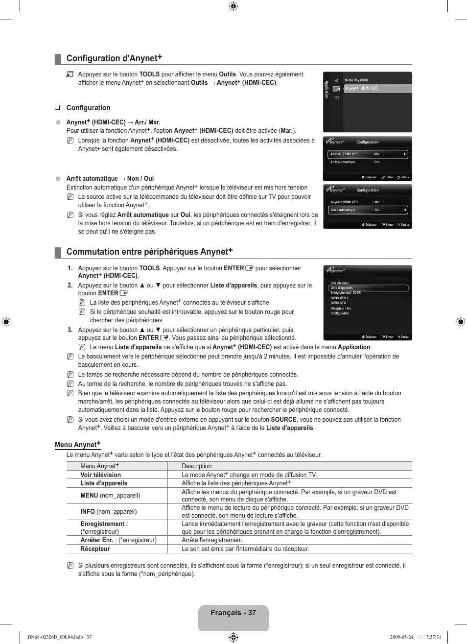 Configuration d'anynet, Commutation entre périphériques anynet | Samsung LE46B620R3P User Manual | Page 145 / 204