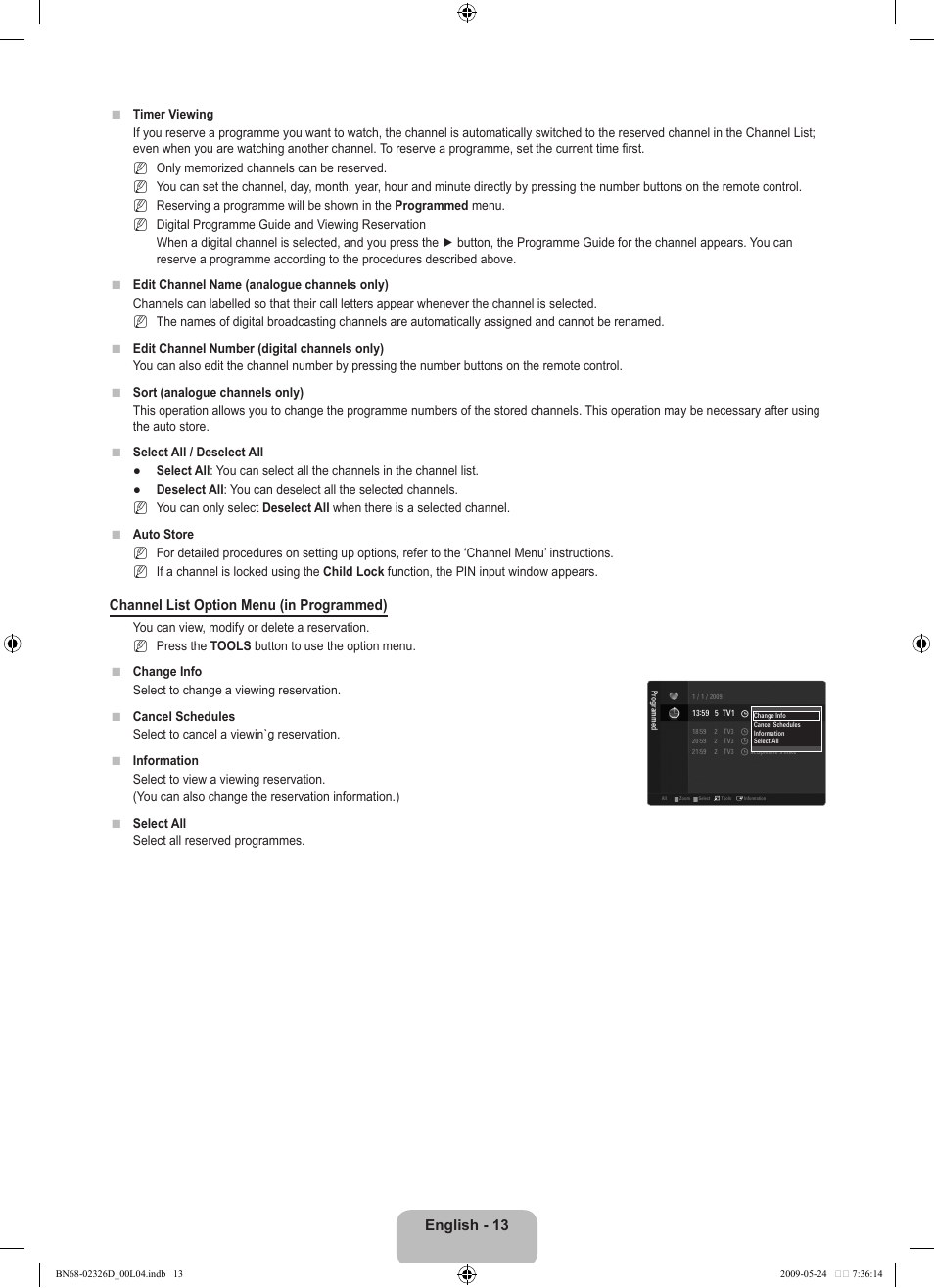 English - 13, Channel list option menu (in programmed) | Samsung LE46B620R3P User Manual | Page 15 / 204