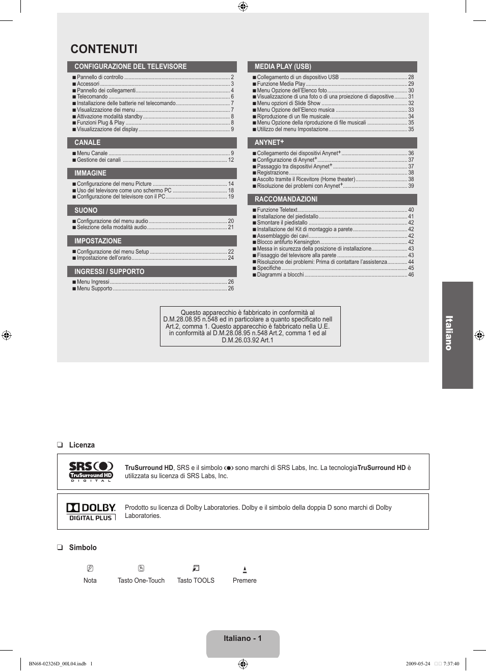 Contenuti, Italiano | Samsung LE46B620R3P User Manual | Page 155 / 204
