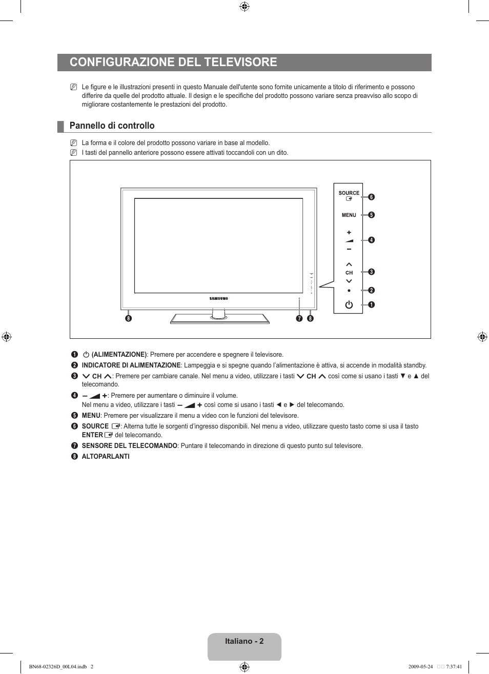 Configurazione del televisore, Pannello di controllo | Samsung LE46B620R3P User Manual | Page 156 / 204