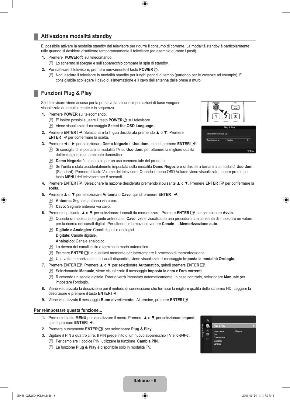 Attivazione modalità standby, Funzioni plug & play | Samsung LE46B620R3P User Manual | Page 162 / 204