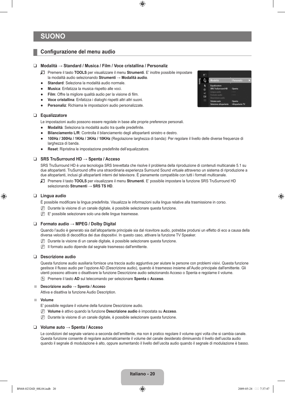 Suono, Configurazione del menu audio | Samsung LE46B620R3P User Manual | Page 174 / 204