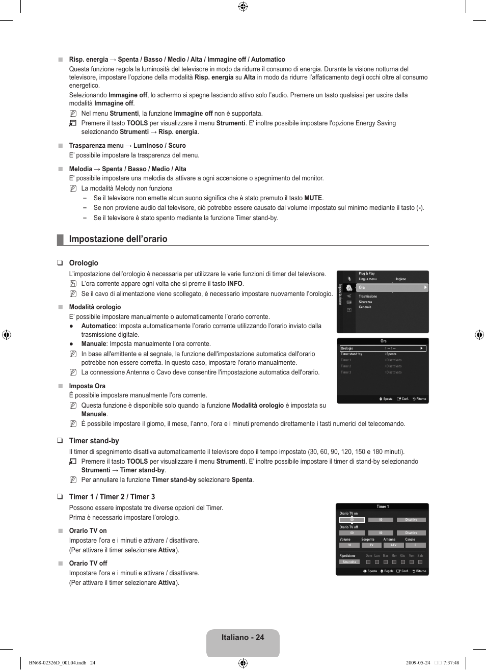 Impostazione dell’orario, Italiano - 24, Orologio | Timer stand-by, Timer 1 / timer 2 / timer 3 | Samsung LE46B620R3P User Manual | Page 178 / 204