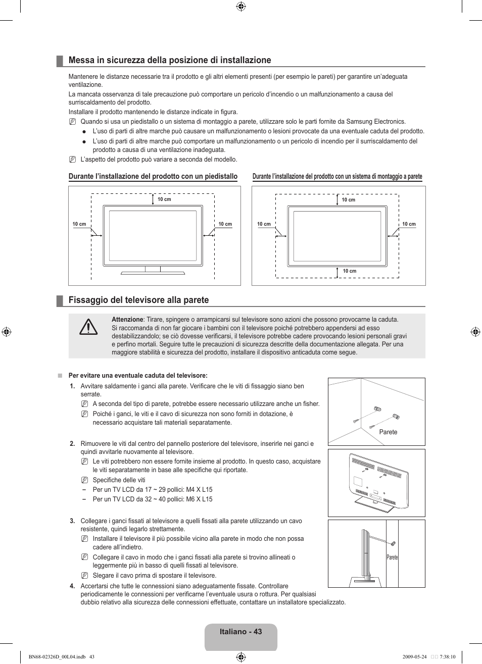 Fissaggio del televisore alla parete | Samsung LE46B620R3P User Manual | Page 197 / 204