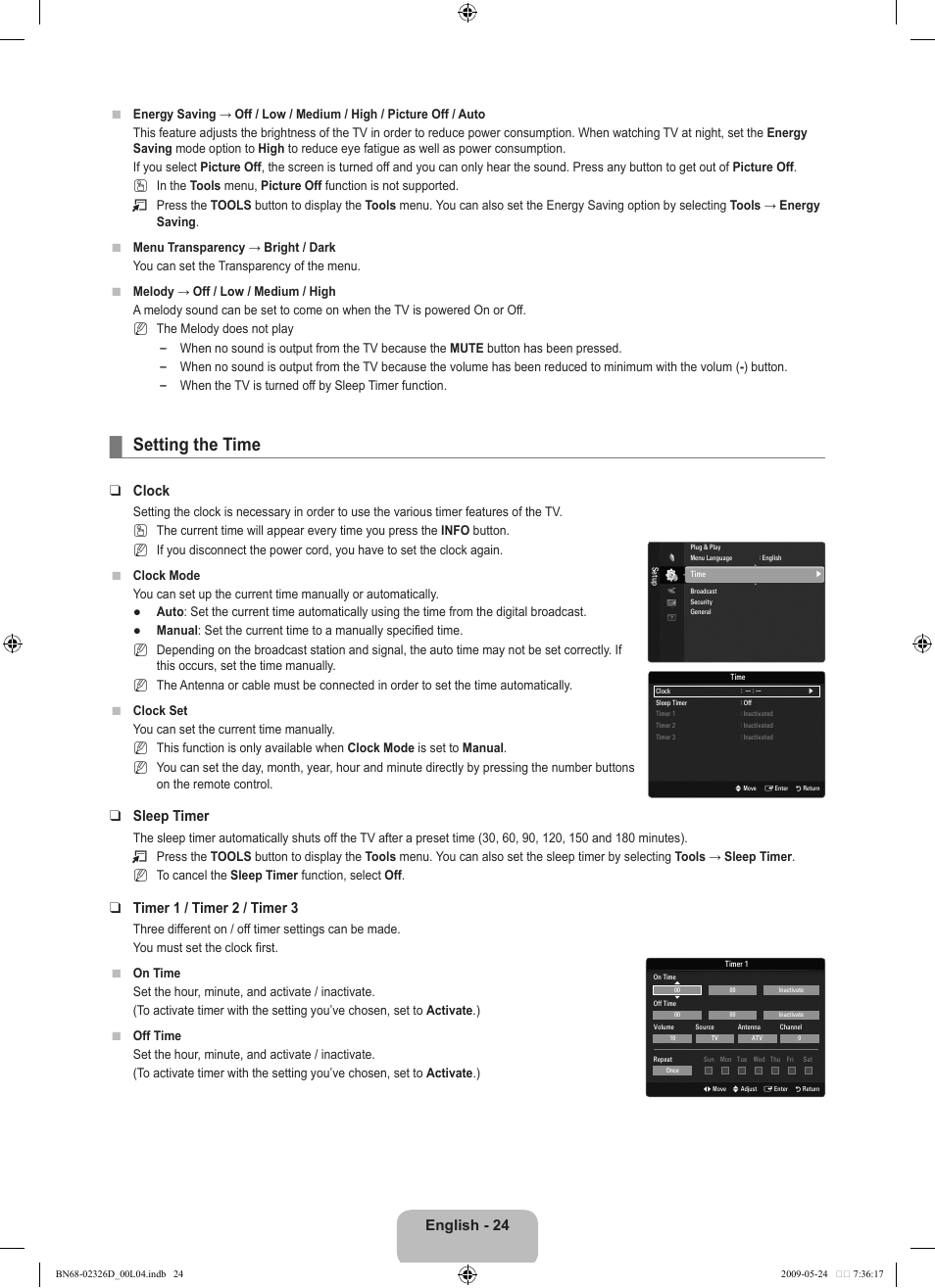 Setting the time, English - 24, Clock | Sleep timer, Timer 1 / timer 2 / timer 3 | Samsung LE46B620R3P User Manual | Page 26 / 204