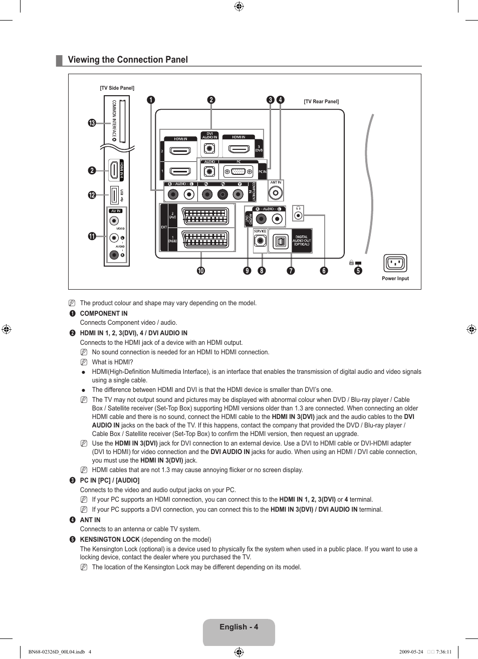 Viewing the connection panel | Samsung LE46B620R3P User Manual | Page 6 / 204