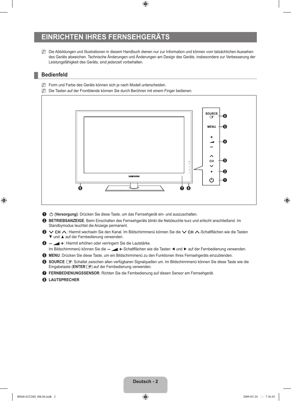 Einrichten ihres fernsehgeräts, Bedienfeld | Samsung LE46B620R3P User Manual | Page 64 / 204