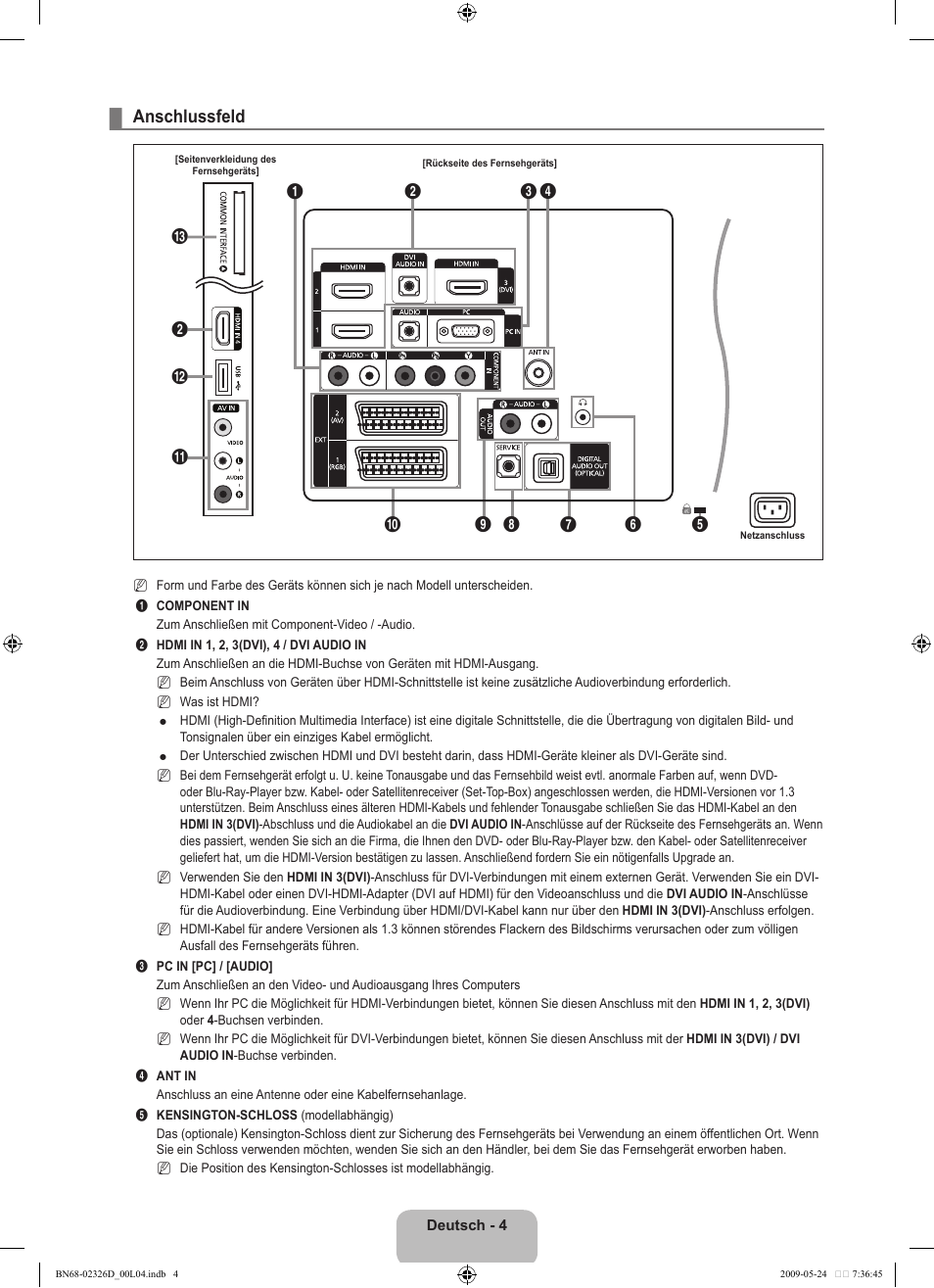 Anschlussfeld | Samsung LE46B620R3P User Manual | Page 66 / 204