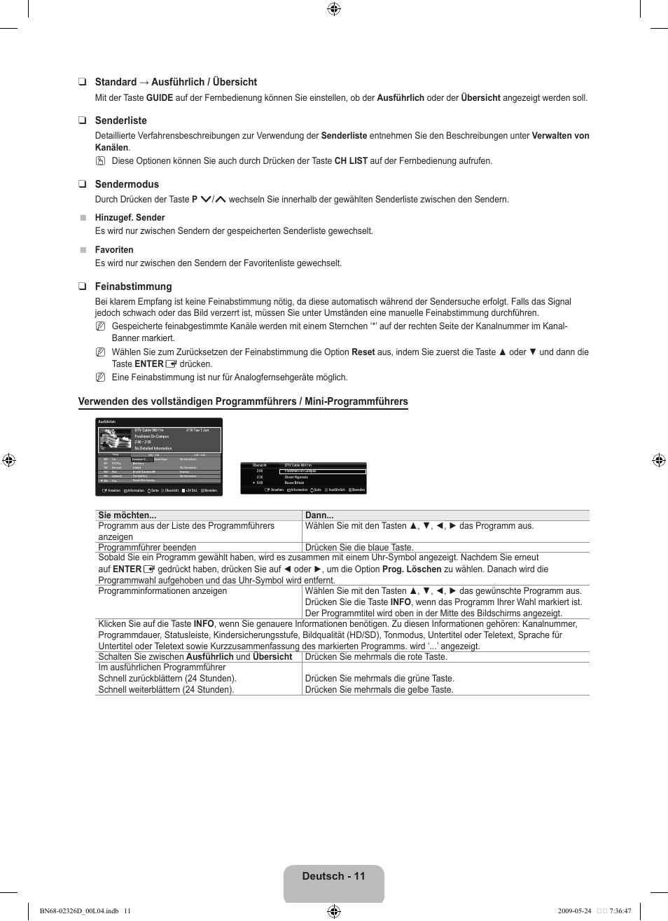 Deutsch - 11 standard → ausführlich / übersicht, Senderliste, Sendermodus | Feinabstimmung | Samsung LE46B620R3P User Manual | Page 73 / 204