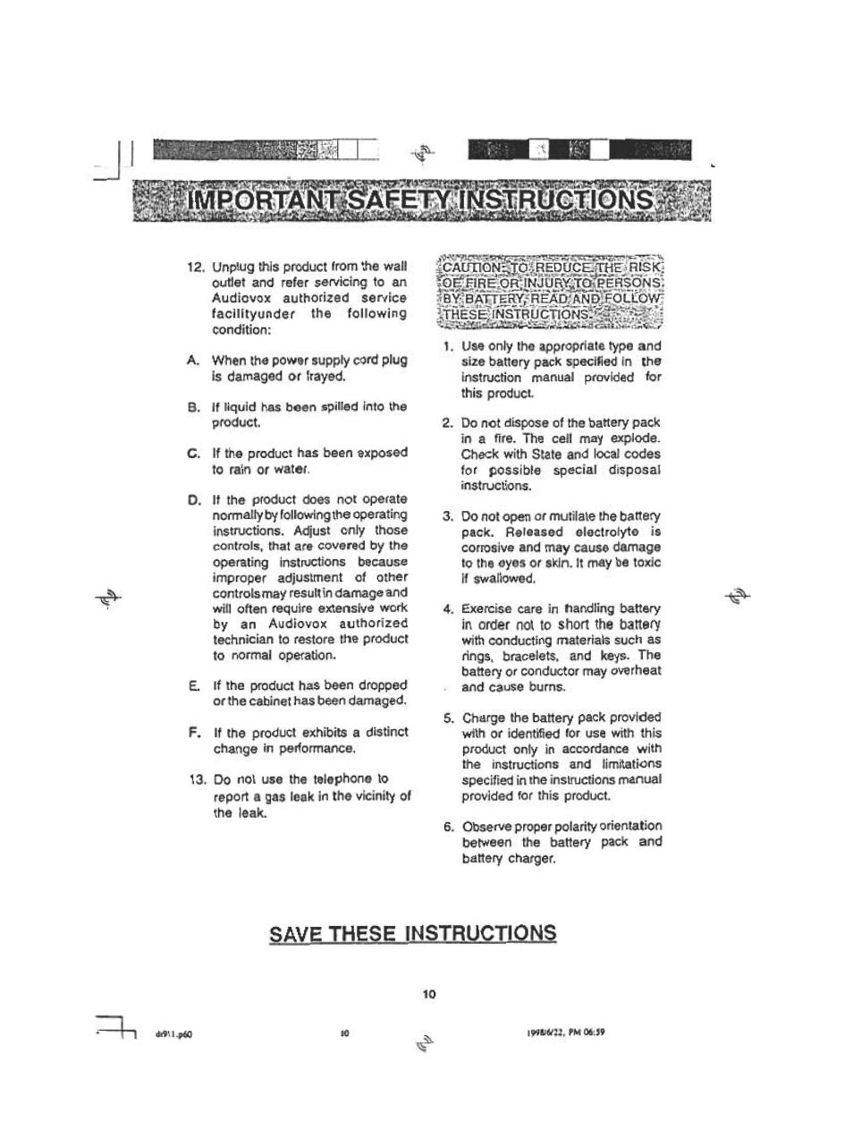 Product, Ic-aitrion^pfred^onib pièki, Save these instructions | Audiovox DT 911 User Manual | Page 10 / 23