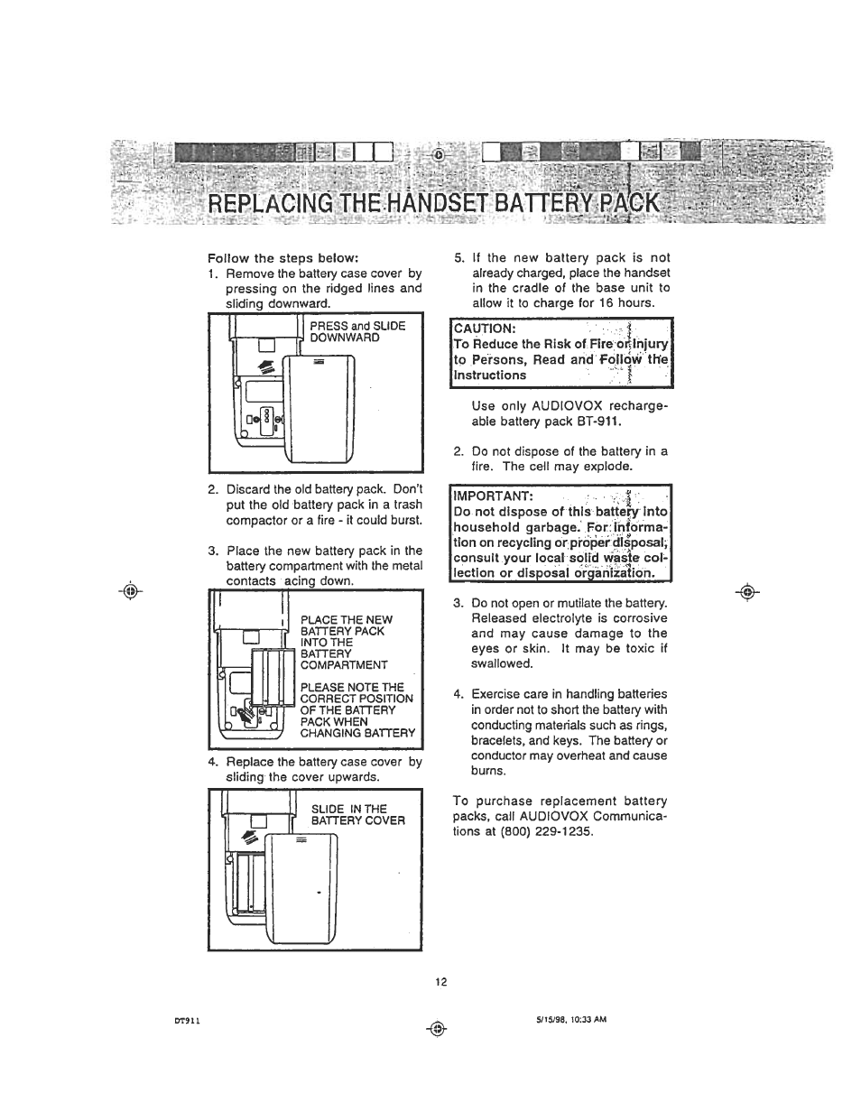 Replacing jhe:handsetbaneryïb | Audiovox DT 911 User Manual | Page 12 / 23