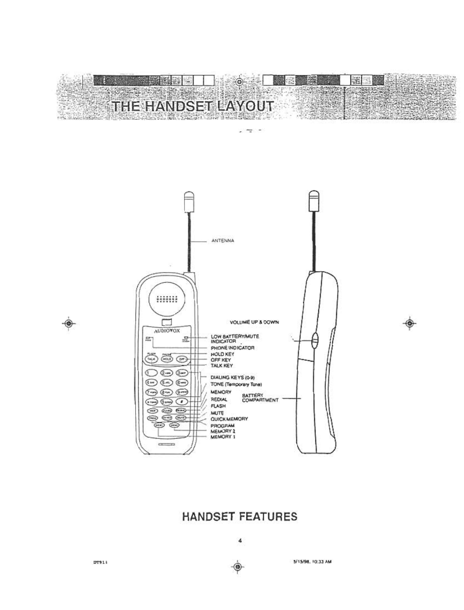 Handset features, Ant£№a, Indcator | Push | Audiovox DT 911 User Manual | Page 4 / 23