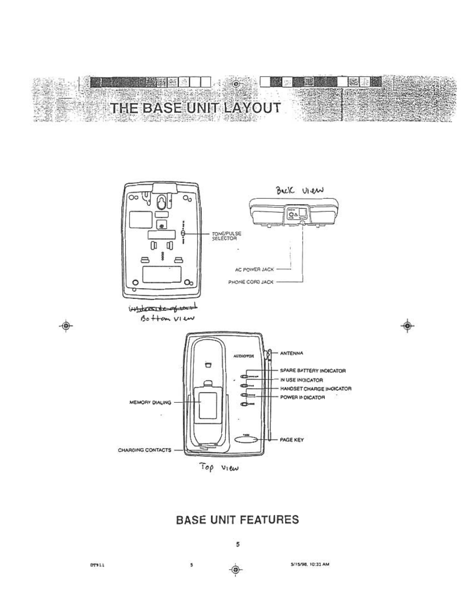 Base unit features | Audiovox DT 911 User Manual | Page 5 / 23