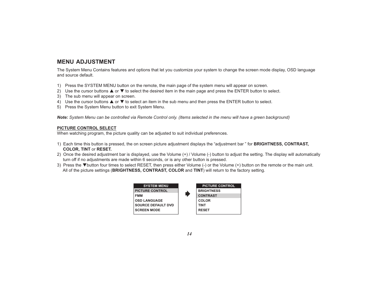 Menu adjustment | Audiovox Mobile Video VOD108FR User Manual | Page 18 / 56