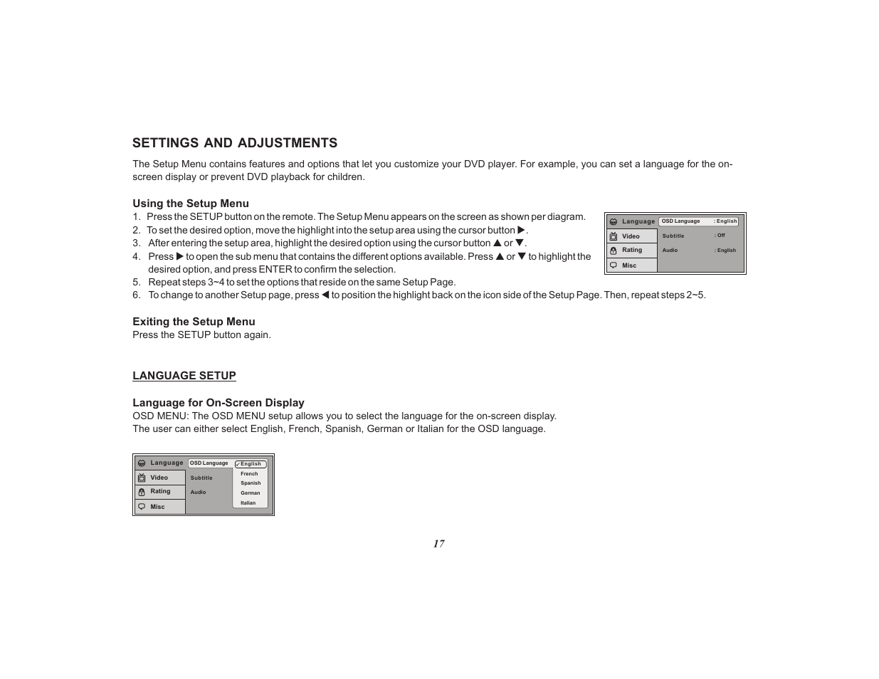 Settings and adjustments, Language setup | Audiovox Mobile Video VOD108FR User Manual | Page 21 / 56