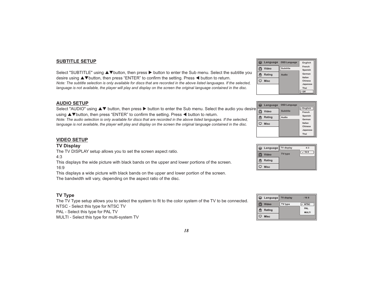 18 subtitle setup audio setup, Video setup tv display tv type | Audiovox Mobile Video VOD108FR User Manual | Page 22 / 56