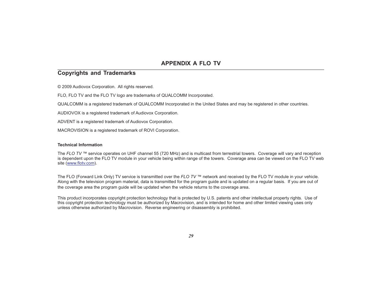 Appendix a flo tv copyrights and trademarks | Audiovox Mobile Video VOD108FR User Manual | Page 33 / 56