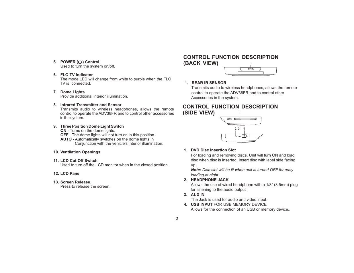 Control function description back ( view), Control function description (side view) | Audiovox Mobile Video VOD108FR User Manual | Page 6 / 56