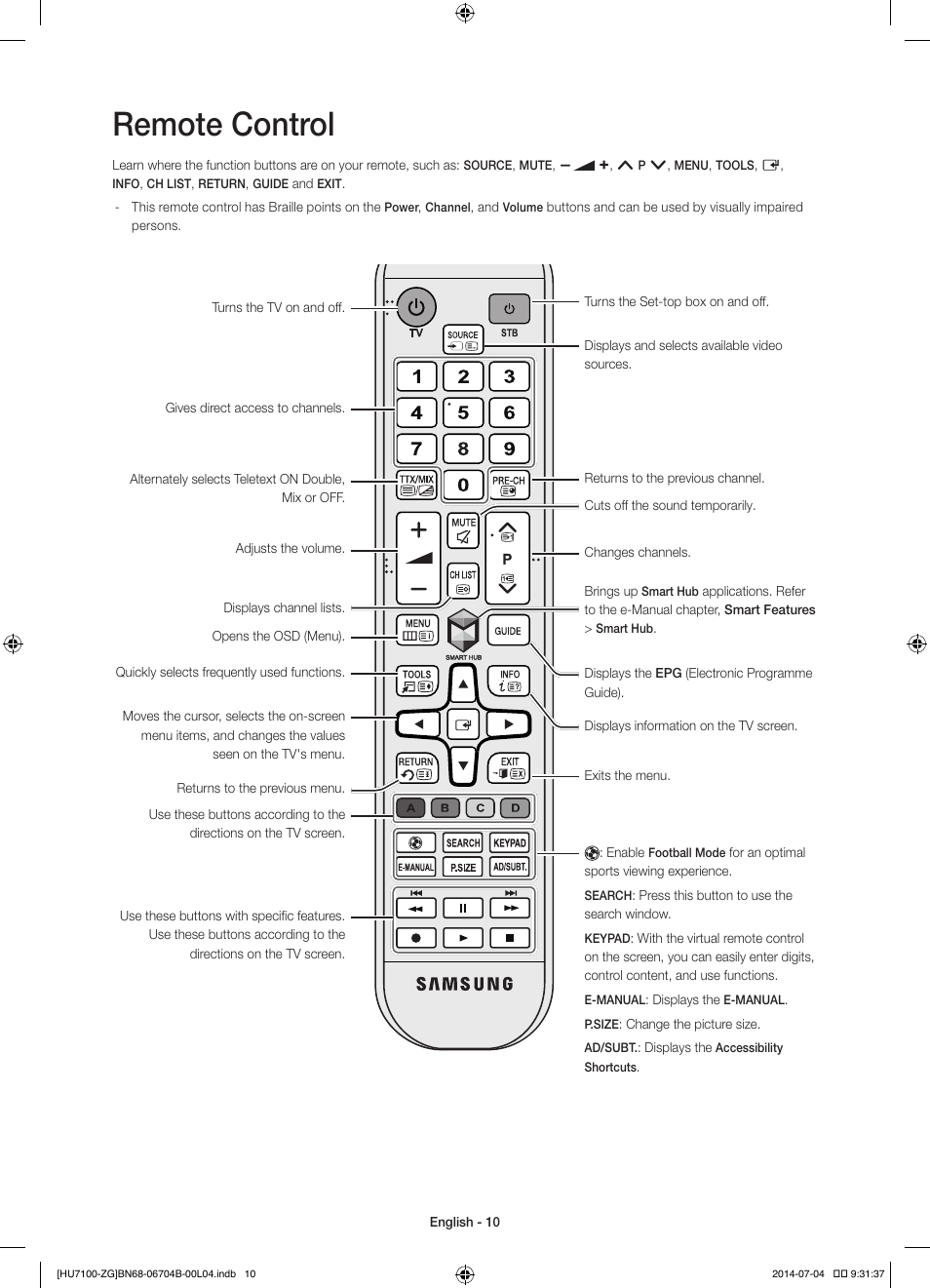 Remote control | Samsung UE65HU7100S User Manual | Page 10 / 82