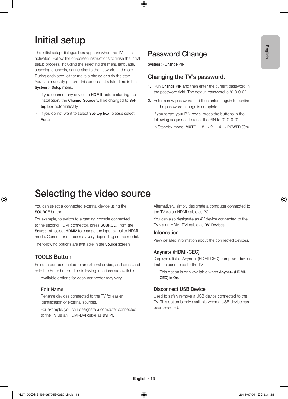 Initial setup, Selecting the video source, Password change | Changing the tv’s password, Button, Tools | Samsung UE65HU7100S User Manual | Page 13 / 82