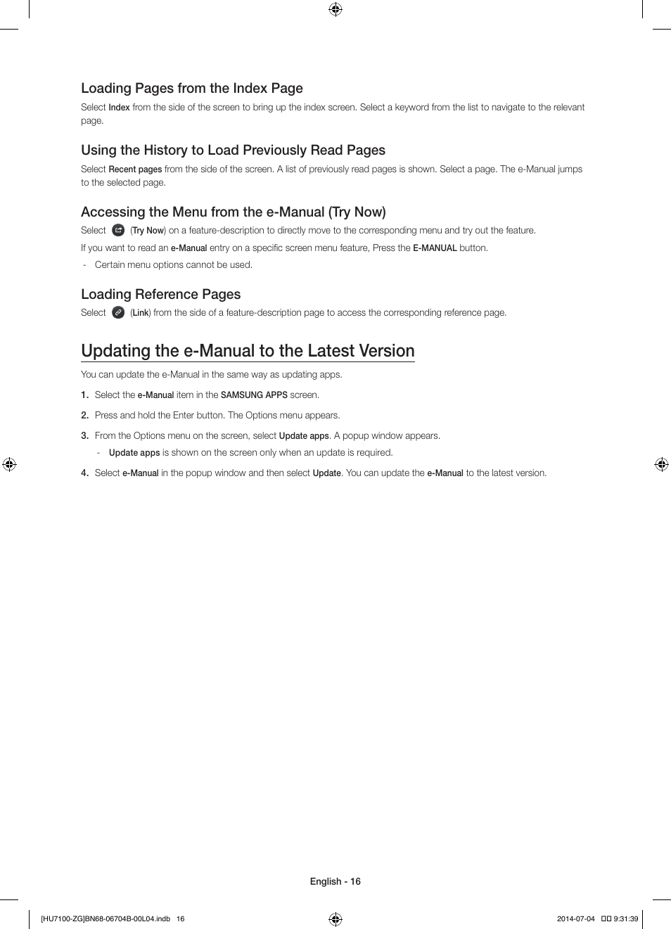 Updating the e-manual to the latest version, Loading pages from the index page, Using the history to load previously read pages | Accessing the menu from the e-manual (try now), Loading reference pages | Samsung UE65HU7100S User Manual | Page 16 / 82