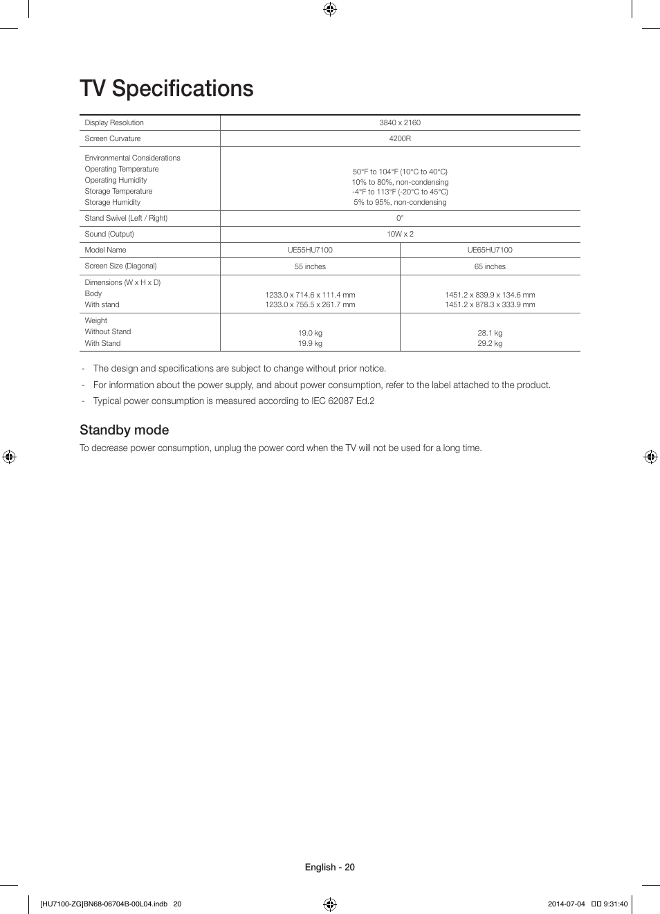 Tv specifications, Standby mode | Samsung UE65HU7100S User Manual | Page 20 / 82