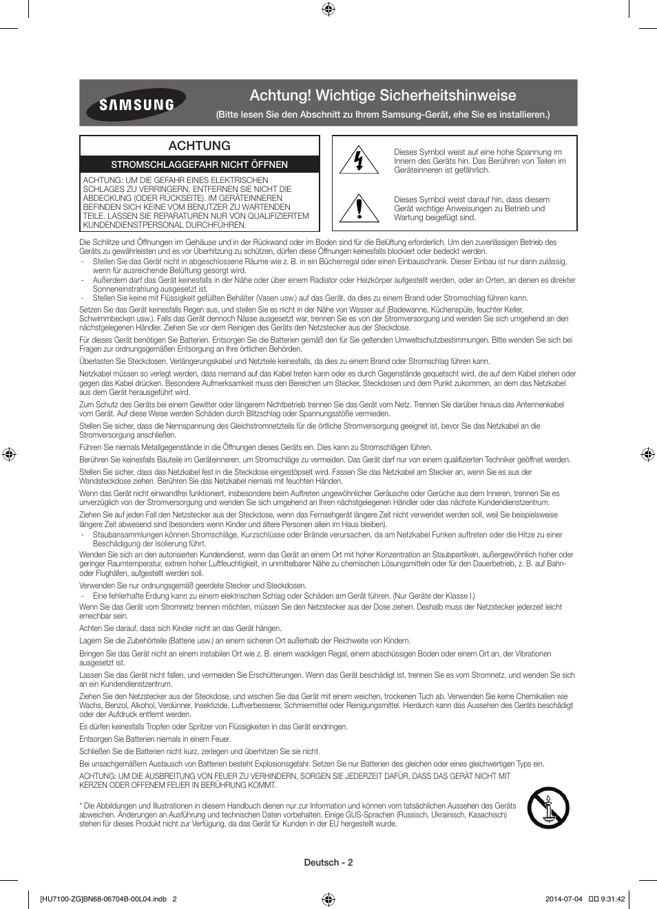 Achtung! wichtige sicherheitshinweise, Achtung | Samsung UE65HU7100S User Manual | Page 22 / 82