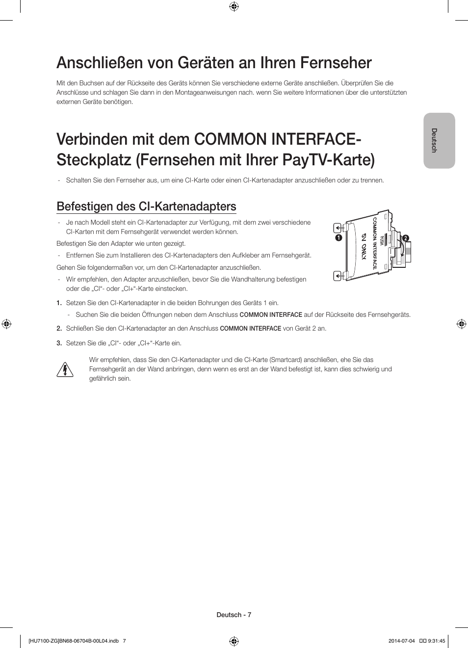 Anschließen von geräten an ihren fernseher, Befestigen des ci-kartenadapters | Samsung UE65HU7100S User Manual | Page 27 / 82