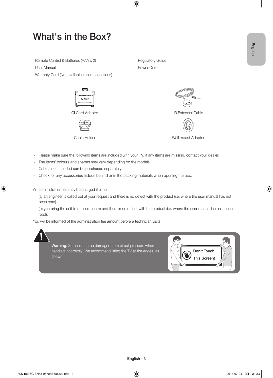 What's in the box | Samsung UE65HU7100S User Manual | Page 3 / 82