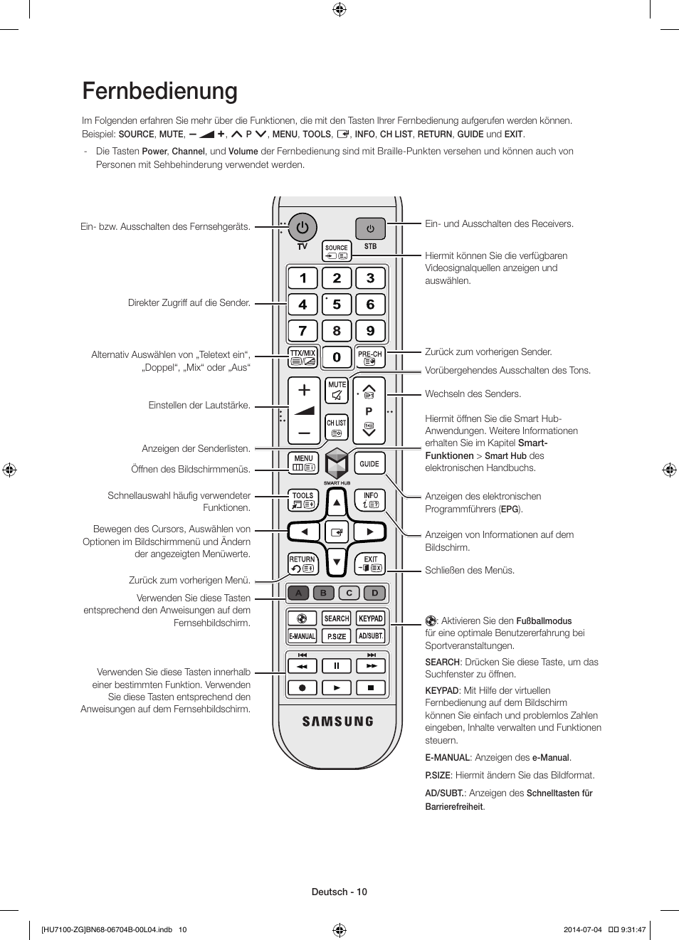 Fernbedienung | Samsung UE65HU7100S User Manual | Page 30 / 82