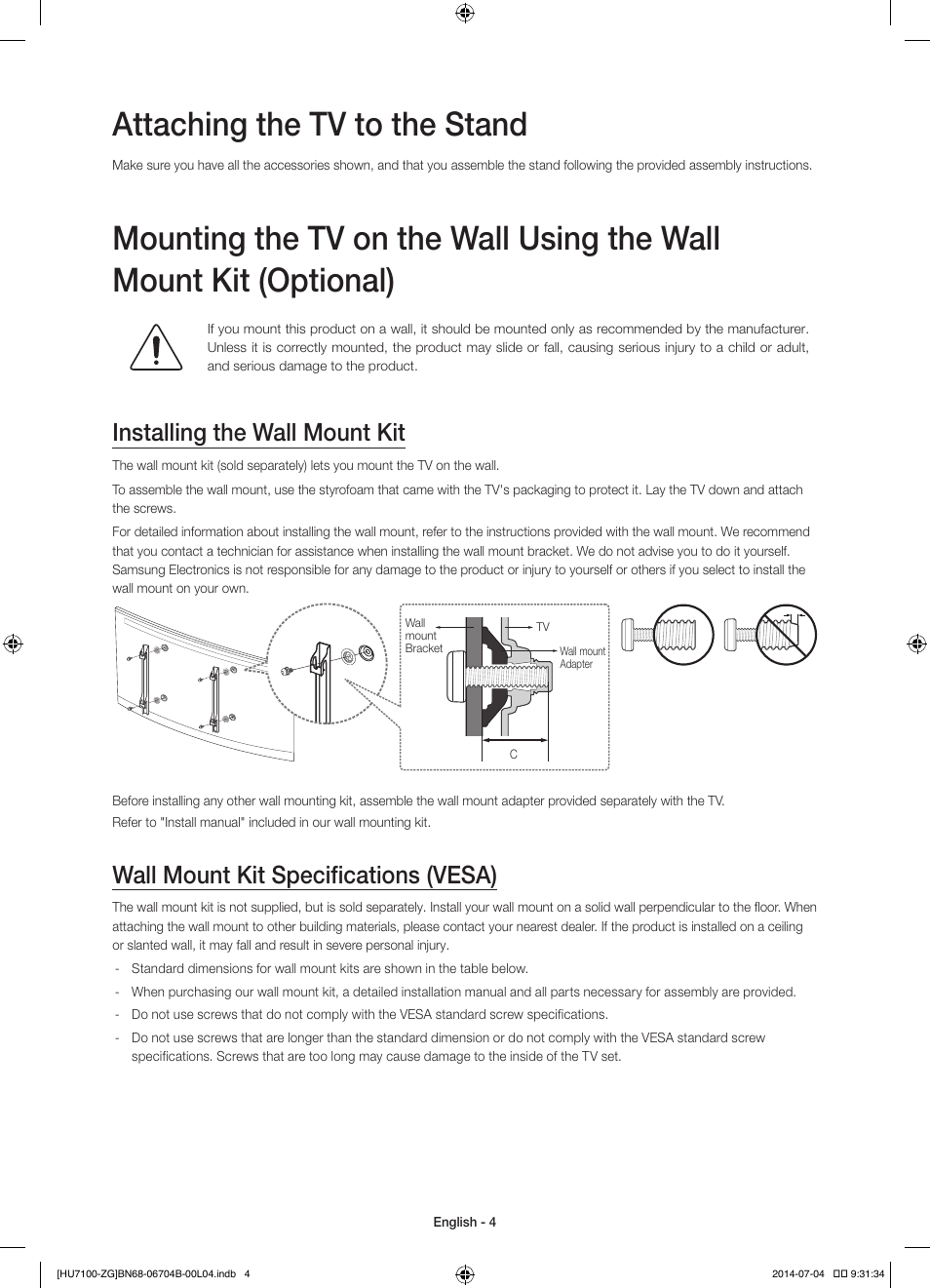 Attaching the tv to the stand, Installing the wall mount kit, Wall mount kit specifications (vesa) | Samsung UE65HU7100S User Manual | Page 4 / 82