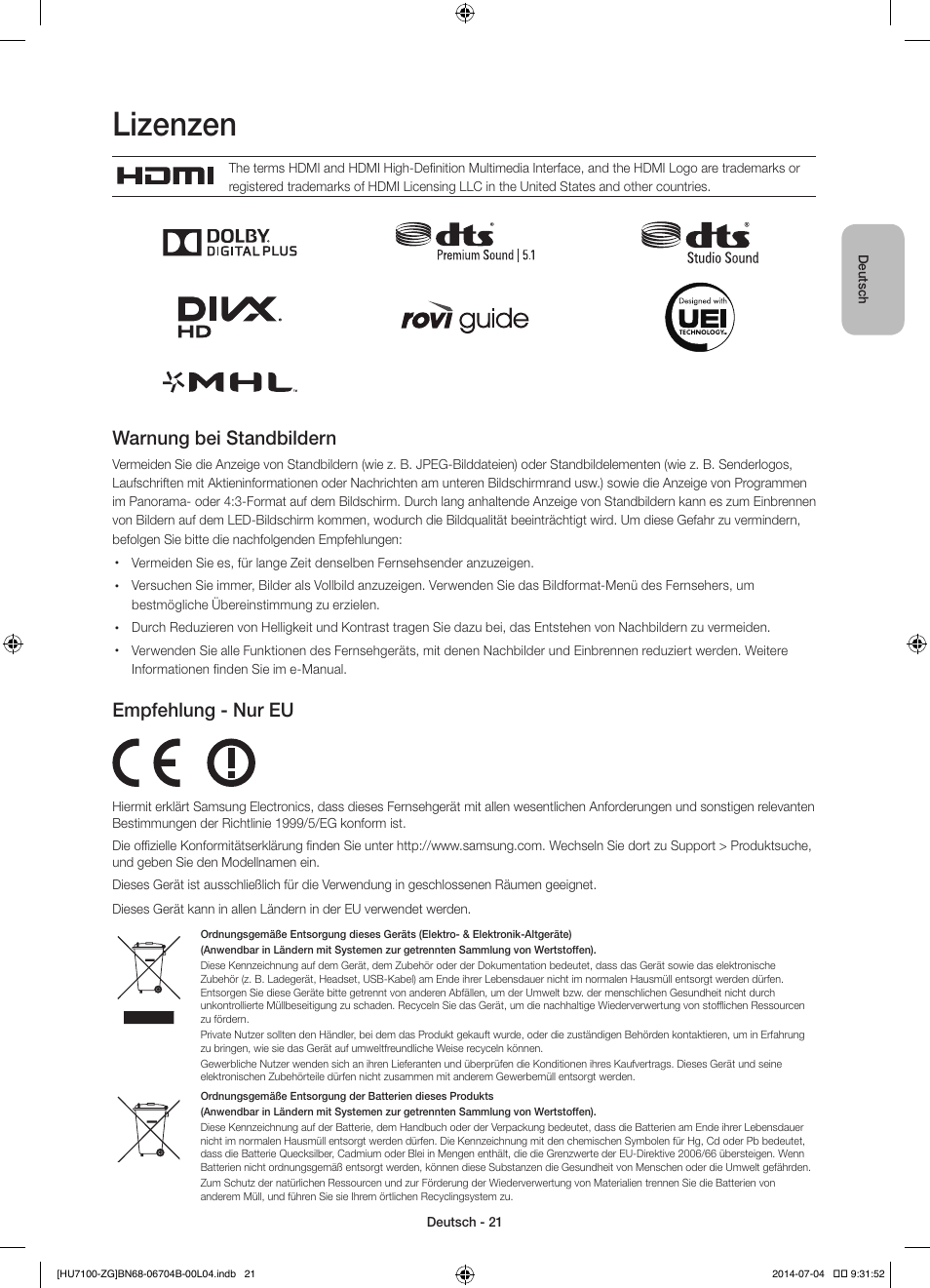 Lizenzen, Warnung bei standbildern, Empfehlung - nur eu | Samsung UE65HU7100S User Manual | Page 41 / 82