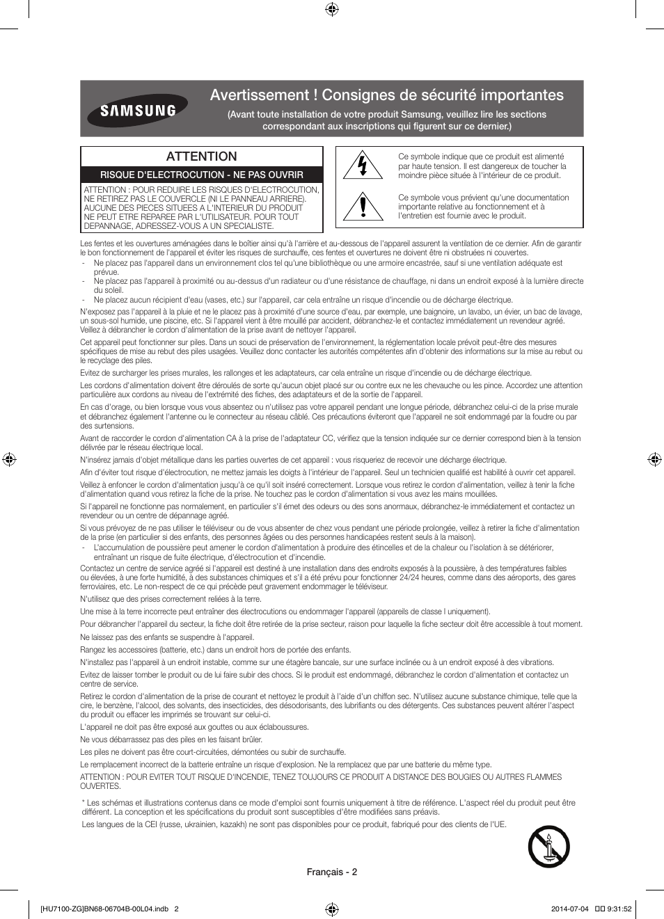 Avertissement ! consignes de sécurité importantes, Attention | Samsung UE65HU7100S User Manual | Page 42 / 82