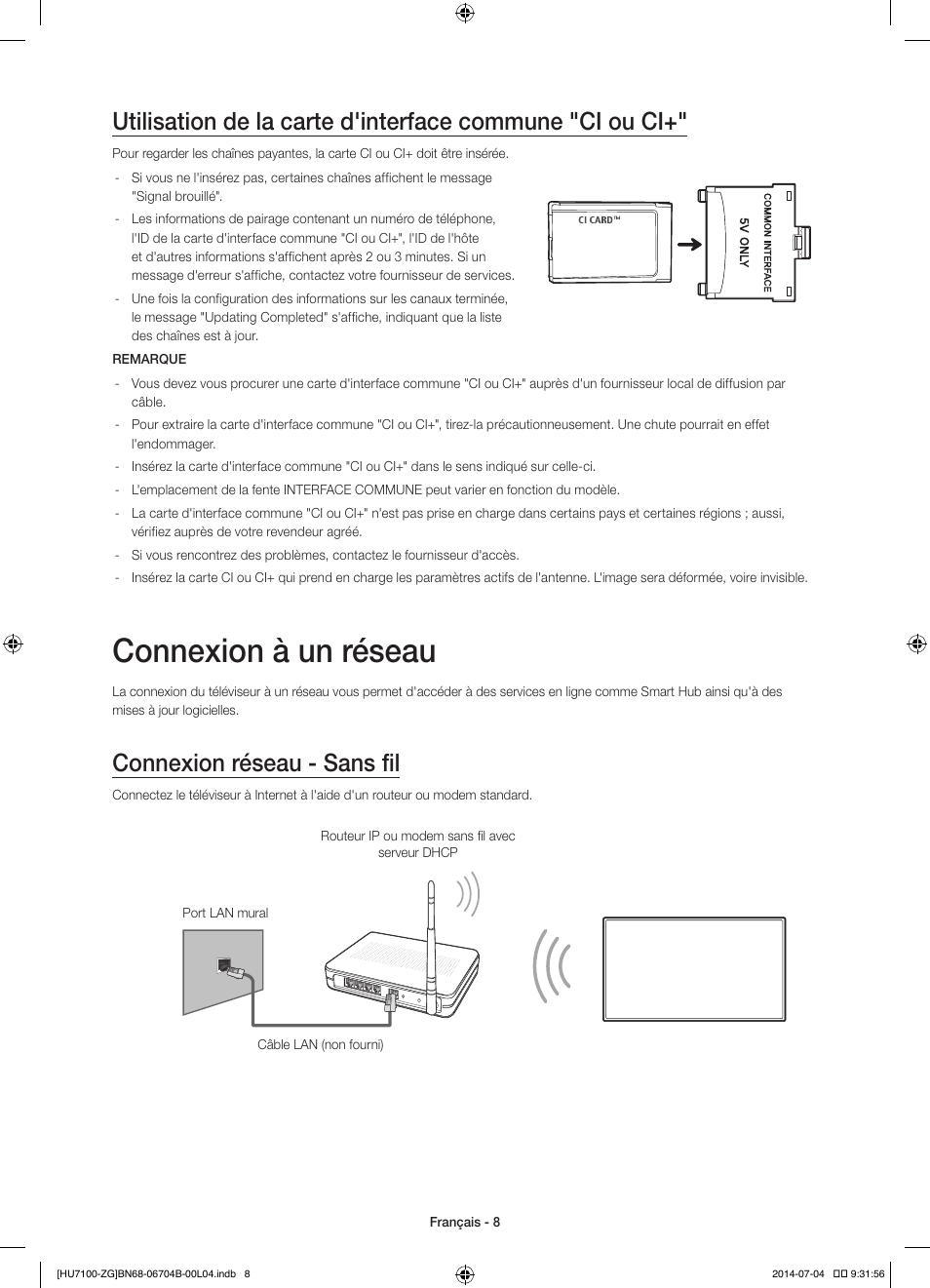 Connexion à un réseau, Connexion réseau - sans fil | Samsung UE65HU7100S User Manual | Page 48 / 82