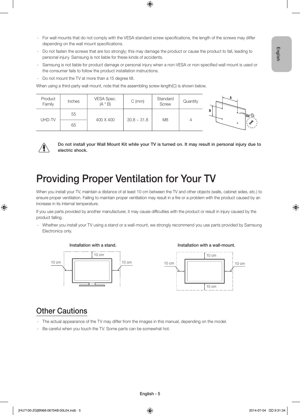 Providing proper ventilation for your tv, Other cautions | Samsung UE65HU7100S User Manual | Page 5 / 82