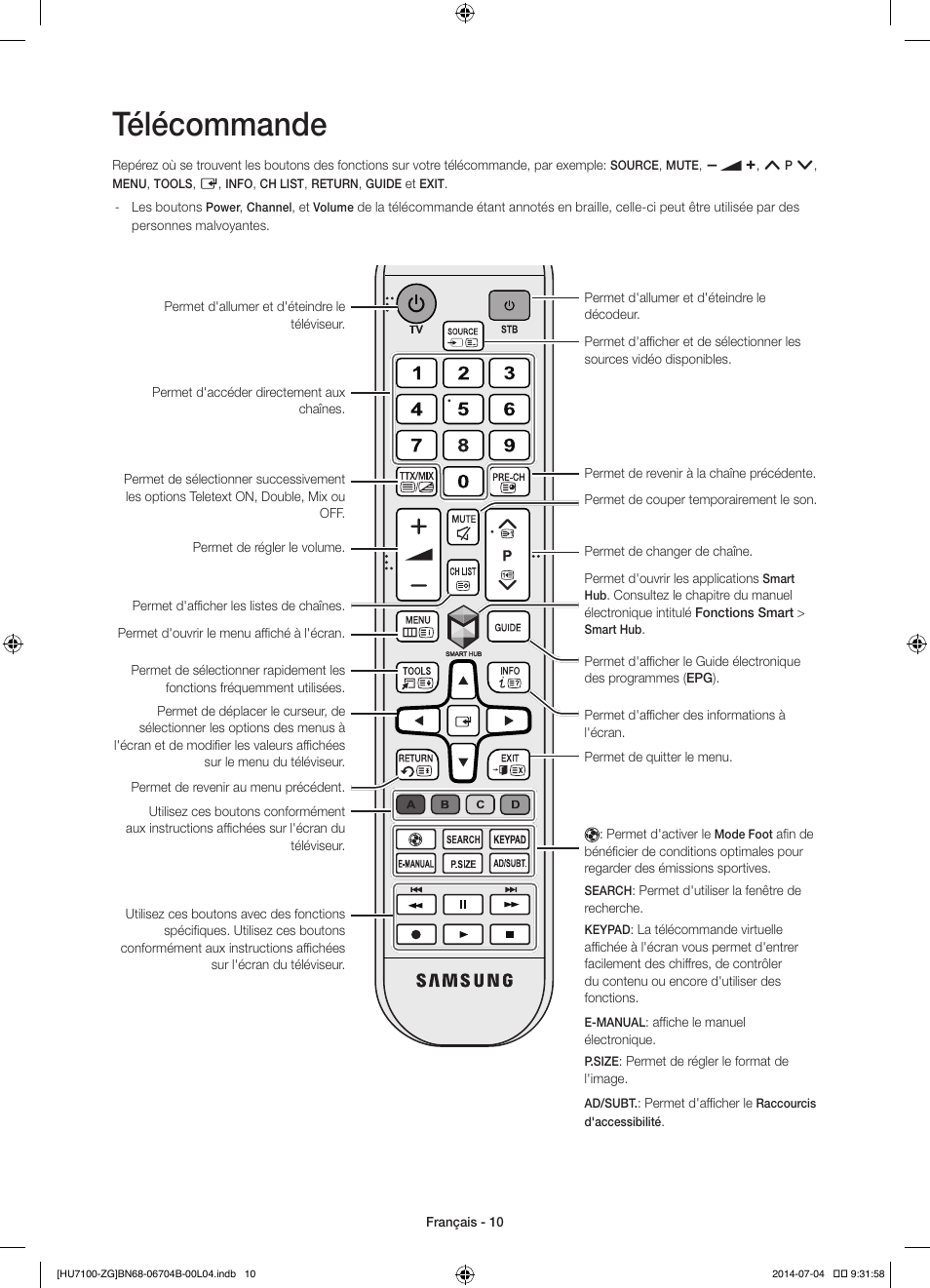 Télécommande | Samsung UE65HU7100S User Manual | Page 50 / 82