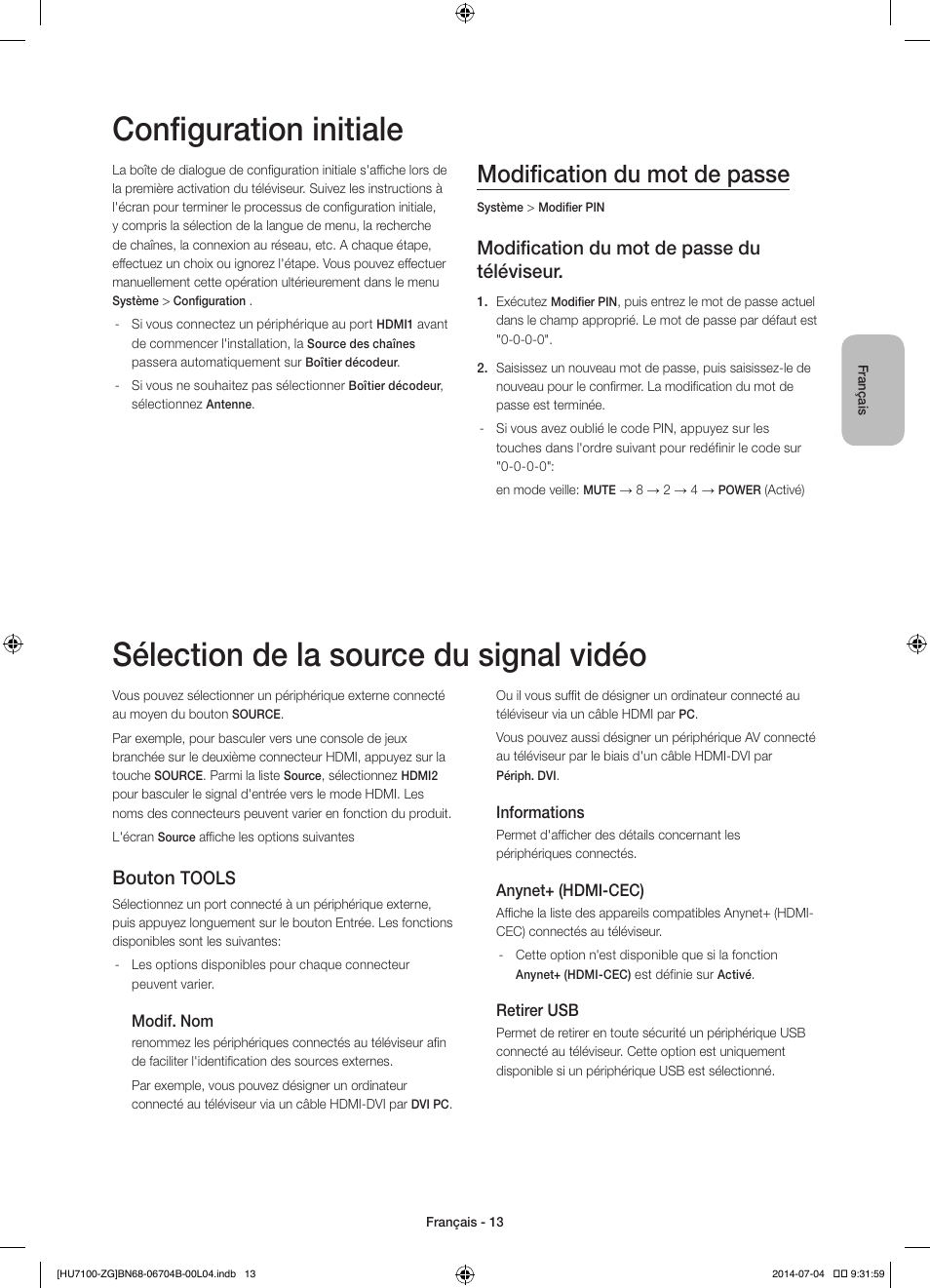 Configuration initiale, Sélection de la source du signal vidéo, Modification du mot de passe | Modification du mot de passe du téléviseur, Bouton, Tools | Samsung UE65HU7100S User Manual | Page 53 / 82