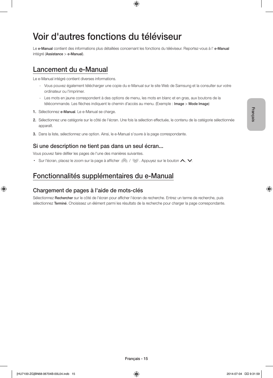 Voir d'autres fonctions du téléviseur, Lancement du e-manual, Fonctionnalités supplémentaires du e-manual | Si une description ne tient pas dans un seul écran, Chargement de pages à l'aide de mots-clés | Samsung UE65HU7100S User Manual | Page 55 / 82