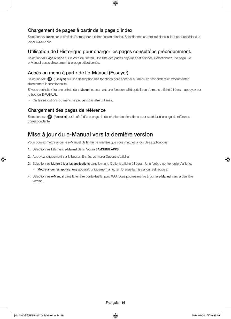 Mise à jour du e-manual vers la dernière version, Chargement de pages à partir de la page d'index, Accès au menu à partir de l'e-manual (essayer) | Chargement des pages de référence | Samsung UE65HU7100S User Manual | Page 56 / 82