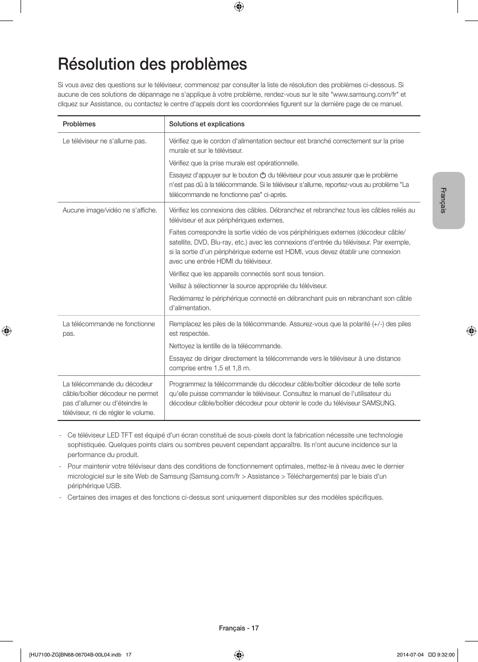 Résolution des problèmes | Samsung UE65HU7100S User Manual | Page 57 / 82