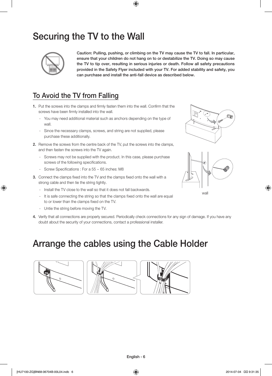 Securing the tv to the wall, Arrange the cables using the cable holder | Samsung UE65HU7100S User Manual | Page 6 / 82