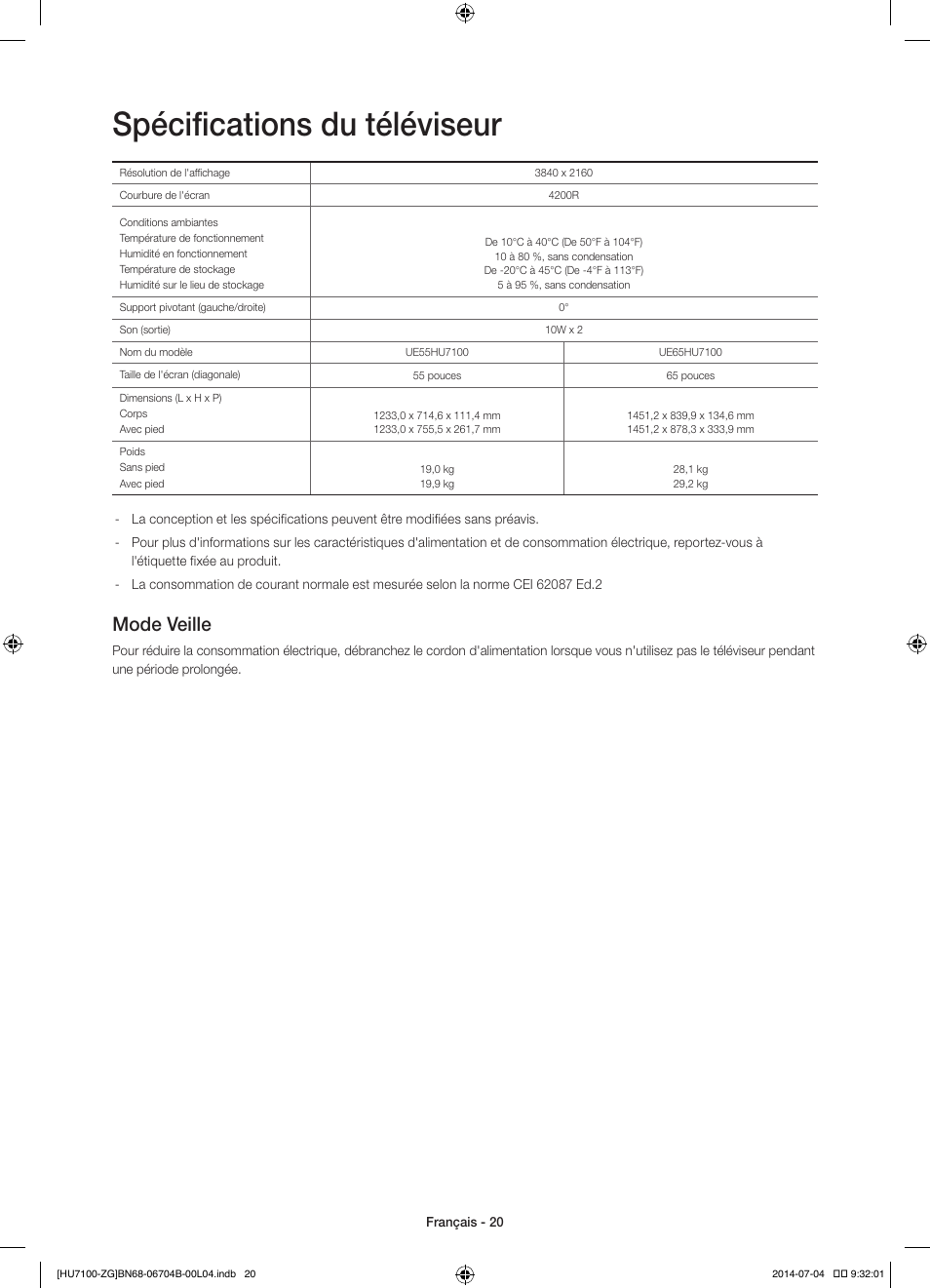 Spécifications du téléviseur, Mode veille | Samsung UE65HU7100S User Manual | Page 60 / 82