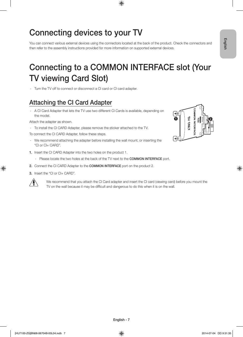 Connecting devices to your tv, Attaching the ci card adapter | Samsung UE65HU7100S User Manual | Page 7 / 82