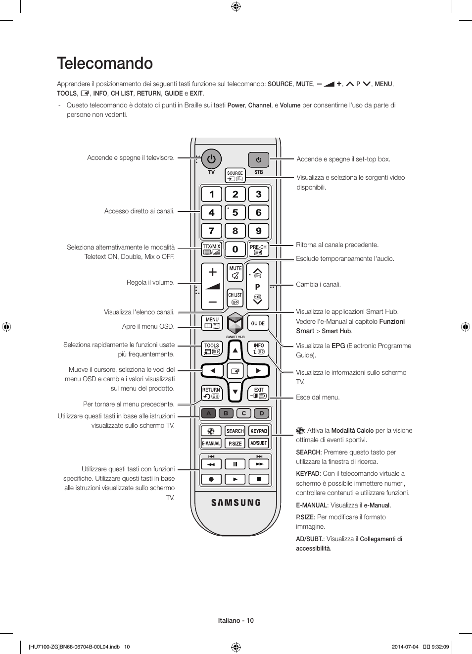 Telecomando | Samsung UE65HU7100S User Manual | Page 70 / 82