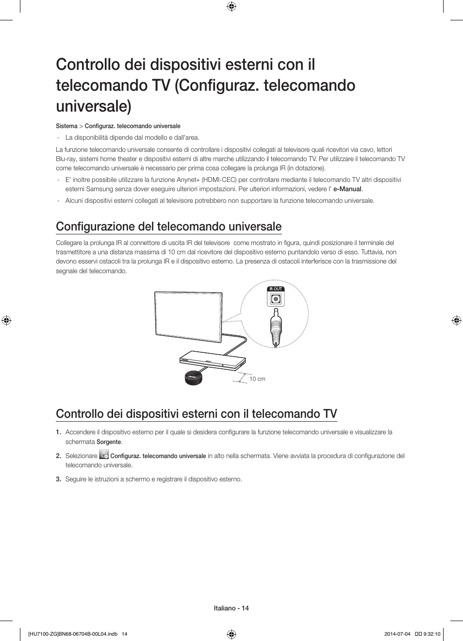 Configurazione del telecomando universale | Samsung UE65HU7100S User Manual | Page 74 / 82