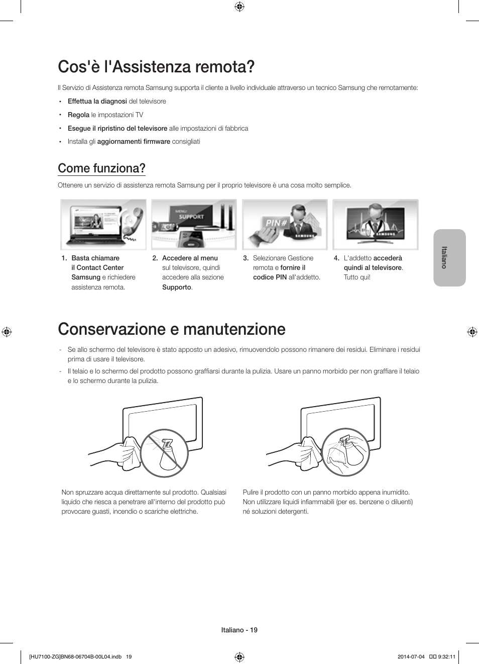 Cos'è l'assistenza remota, Conservazione e manutenzione, Come funziona | Samsung UE65HU7100S User Manual | Page 79 / 82