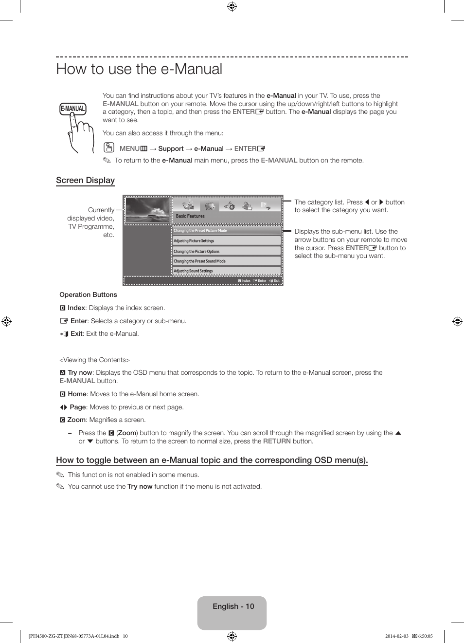 How to use the e-manual, Screen display | Samsung PE43H4500AW User Manual | Page 10 / 91